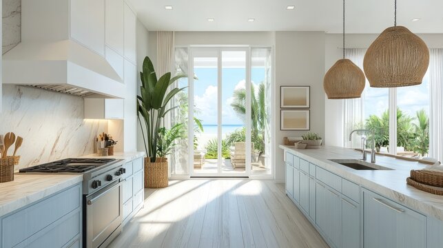 Bright beach house kitchen with ocean view.