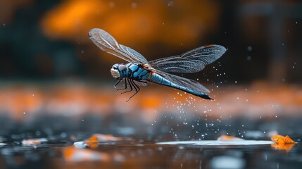 Blue dragonfly flight, autumn pond, water droplets, nature background, wallpaper