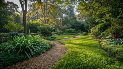 Naklejka premium Serene Garden Pathway Amidst Lush Greenery and Vibrant Flora in a Tranquil Landscape, Invoking Peace and Natural Beauty for Relaxation and Inspiration