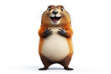 Fototapeta premium A lively groundhog displays a big smile, showcasing its soft fur while standing with paws raised in excitement for Marmot Day, representing joy and festivity
