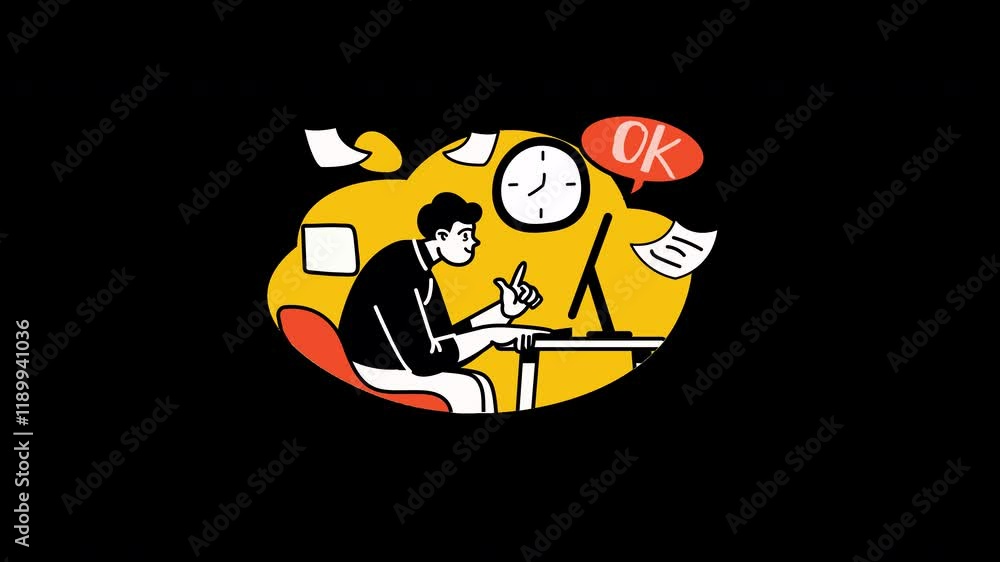 Poster person working on a computer, focused and engaged in their tasks, with a clock and documents in a co