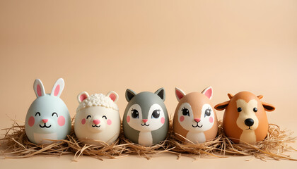 Colorful decorated eggs with animal faces in straw on a pastel background
