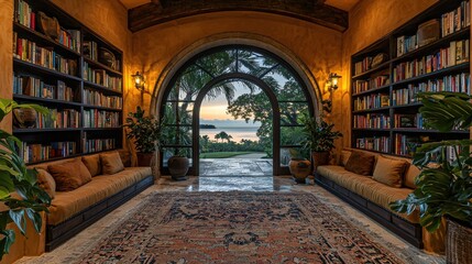 Obraz premium A Serene Library Background for Virtual Presentations: Transform Your Online Meeting Space with This Peaceful Setting Perfect for Zoom Calls