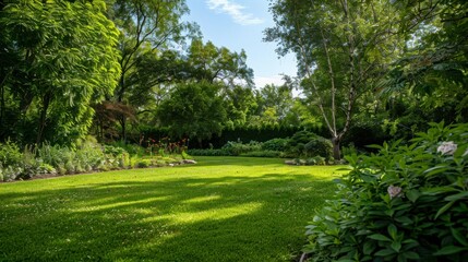 Naklejka premium Lush Green Garden Scene with Vibrant Foliage, Sunlit Lawn, and Abundant Plant Life Surrounded by Trees, Ideal for Nature and Outdoor Enthusiasts in a Serene Setting