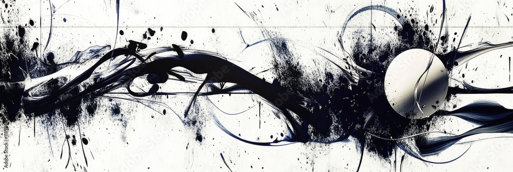 Poster abstract black and white artistic design with dynamic brush strokes and circular element