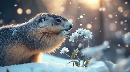Obraz premium A groundhog delicately nibbles on white flowers while surrounded by falling snow in a peaceful winter landscape, capturing the beauty of nature's tranquility