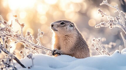 Obraz premium A curious groundhog is seen peeking from behind snowy branches, surrounded by a winter landscape, as sunlight glimmers through the frost on a clear day