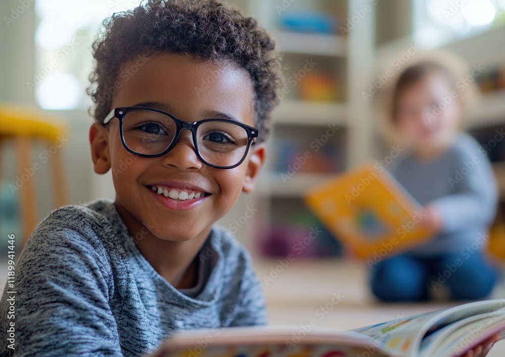 Poster child reads book enthusiastically in classroom with another child reading quietly