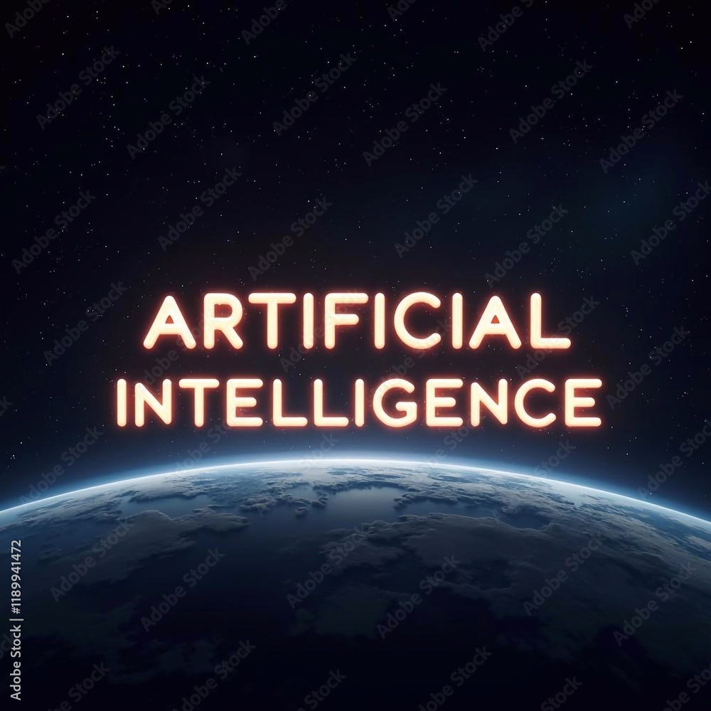 Wall mural glowing sign artificial intelligence in space against the background of planet earth. concept of tec