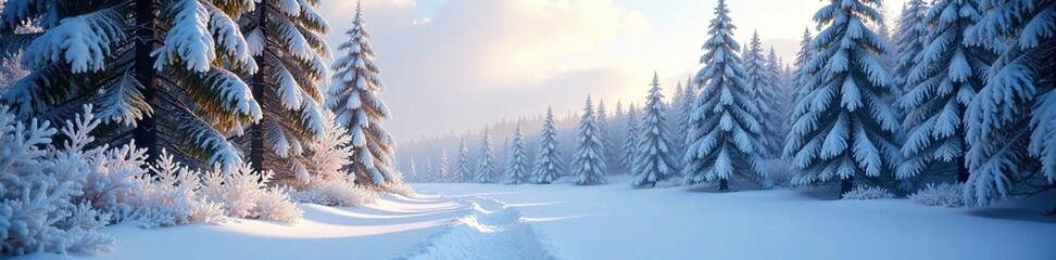 Frosty forest landscape with snow-covered trees and scattered frosty icicles, winter scenery, frozen landscape