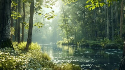 Fototapeta premium Tranquil Reflection of Lush Green Forest by Serene Stream under Soft Morning Light, Capturing the Essence of Nature's Beauty and Peaceful Atmosphere