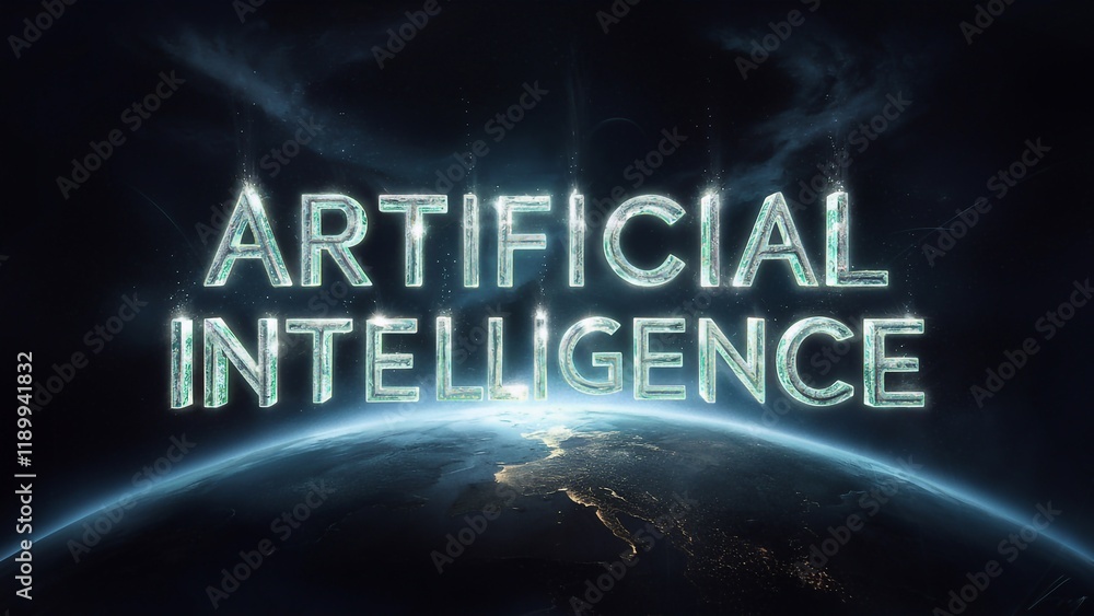 Wall mural glowing inscription artificial intelligence in space on a futuristic background with planet earth. c
