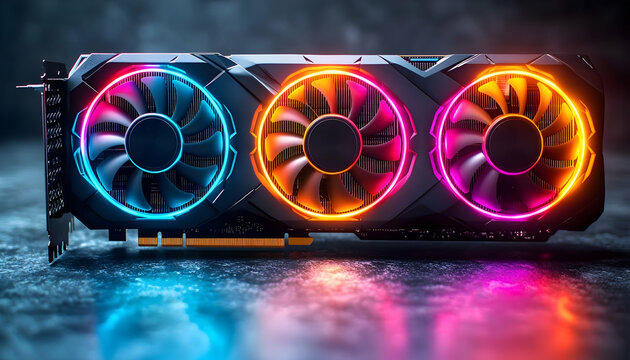 Triple-fan GPU, illuminated, dark studio, tech ad