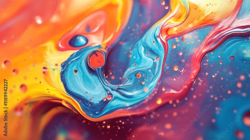 Poster abstract colorful swirling paint texture: vibrant hues and dynamic flow in a macro photography
