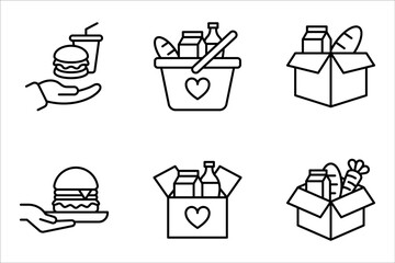 Food donations icon set, charity line collection Box with love. vector illustration on white background. humanitarian volunteer activity.