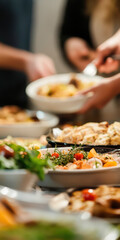 Obraz premium Group Enjoying Diverse Cuisine at Buffet Table Celebration