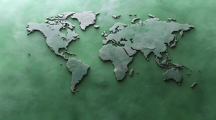 Embossed world map, green textured background, global concept