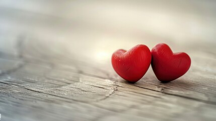 Fototapeta premium Two Red Hearts on a Wooden Surface Symbolizing Love and Affection with a Soft and Romantic Background in a Warm and Inviting Atmosphere