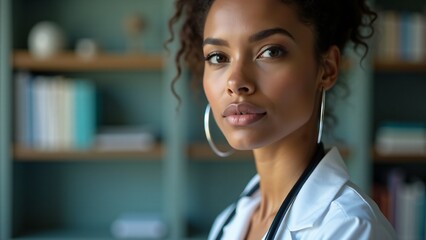 Fototapeta premium A detailed cinematic portrait of a doctor wearing a white coat, stethoscope around their neck, standing in a softly lit medical office. Realistic textures highlight professionalism and confidence.