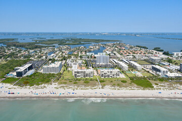 Aerial view of Cocoa Beach near Lori Wilson Park with Thousand Islands in the background in Brevard County, Florida. 