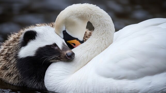 Unlikely Companionship: A Honey Badger Snuggles Close to a Majestic Swan in Serene Embrace