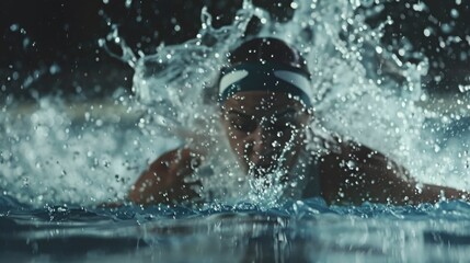 Intense Close-Up of a Swimmer Dives into the Pool Creating Splashes with Water During a Competitive Swim Event in a Dimly Lit Indoor Environment