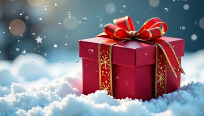Ornate gold ribbon wrapped around a red gift box on a snowy scene, red, ribbon