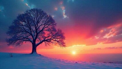 Fototapeta premium A solitary snow-covered tree stands silhouetted against a vibrant winter sunset, a breathtaking panorama of nature's beauty.