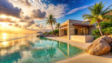 Fototapeta premium Smooth Stone Golden Sand Beach Architectural Photography: Coastal Luxury, Desert Oasis, Minimalist Design
