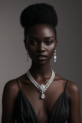 Black woman model with high end jewelry in dramatic studio light 