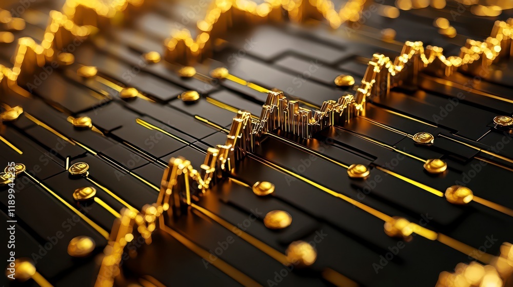 Poster a visually striking representation of financial data, featuring golden lines and dots against a dark