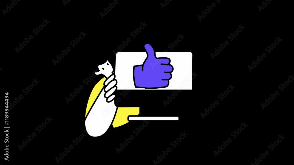 Poster a cartoon character giving a thumbs up while holding a device, emphasizing positivity and technology