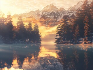 Serene Mountain Reflection at Sunrise with Pine Trees, Mist and Golden Light Over Calm Water in a Picturesque Natural Landscape