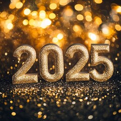 Shimmering Golden 2025 New Year Celebration Theme with Sparkling Background and Blurred Bokeh Lights for Stock Photo and Design Projects