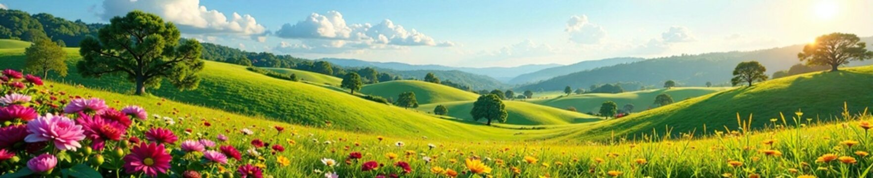 Rolling hills with colorful flowers and trees, bright, teletubbies, landscape