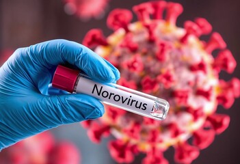 Gloved hand holding a test tube labeled 'Norovirus' against a background of a virus model.