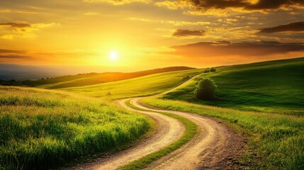 Scenic sunset view over winding country road serene landscape nature photography peaceful environment vibrant colors
