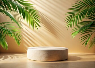 Fototapeta premium Stone Podium Mockup, Beige Background, Product Showcase, Palm Leaf Shadow, Round Pedestal, Presentation Template, Natural Texture