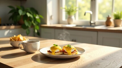 A delightful breakfast scene featuring eggs benedict, coffee, and crispy snacks on a sunlit wooden table