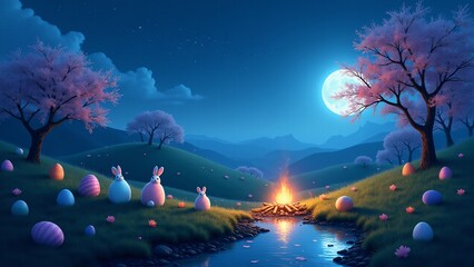A serene Easter night with glowing eggs, starlit skies, and bunnies by a bonfire. An enchanting scene perfect for fantasy art, greeting cards, or whimsical holiday décor.