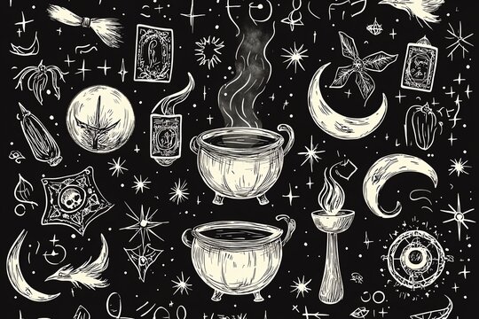 Handdrawn witch magic symbols in a vector style, featuring cauldrons, tarot cards, and crescent moons, intricate doodles, perfect for mysterythemed designs and textile prints