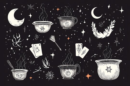 Handdrawn witch magic symbols in a vector style, featuring cauldrons, tarot cards, and crescent moons, intricate doodles, perfect for mysterythemed designs and textile prints