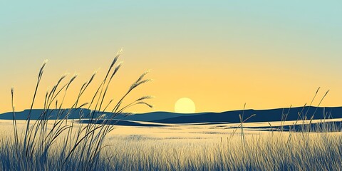 Sunset over serene plains, tall grass foreground. Peaceful landscape