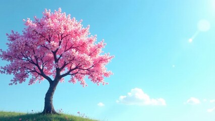 Naklejka premium Serene Pink Blossoms on a Sunny Hillside, a Peaceful and Idyllic Spring Scene Featuring a Delicate Tree in Full Bloom