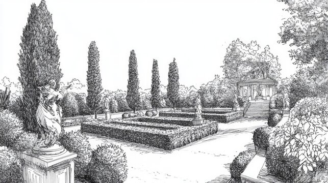 Serene Garden Landscape with Statues and Lush Greenery in Detail