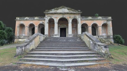 Obraz premium Historic Abandoned Building with Grand Staircase Under a Mysterious Night Sky