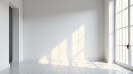 Obraz premium Sunlit Empty Room with White Walls and Hardwood Floor, Perfect for Interior Design Projects