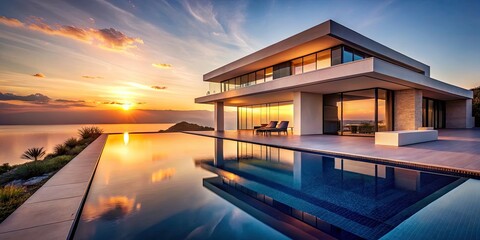 Fototapeta premium Sunset Luxury Villa Infinity Pool Minimalist Photography - Dream Vacation Home