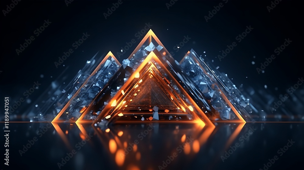 Poster glowing orange triangles encasing crystal structures