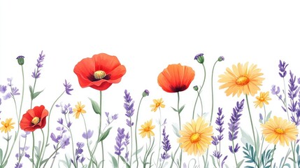 Fototapeta premium Vibrant Wildflower Arrangement with Poppies and Lavender Background